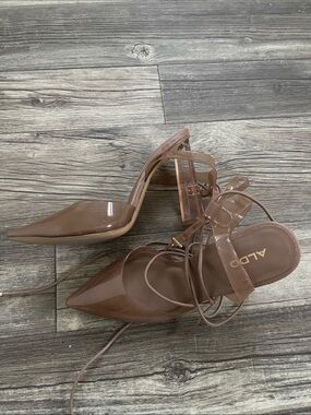 ALDO Tan Pointed Lace-Up Patent Heels